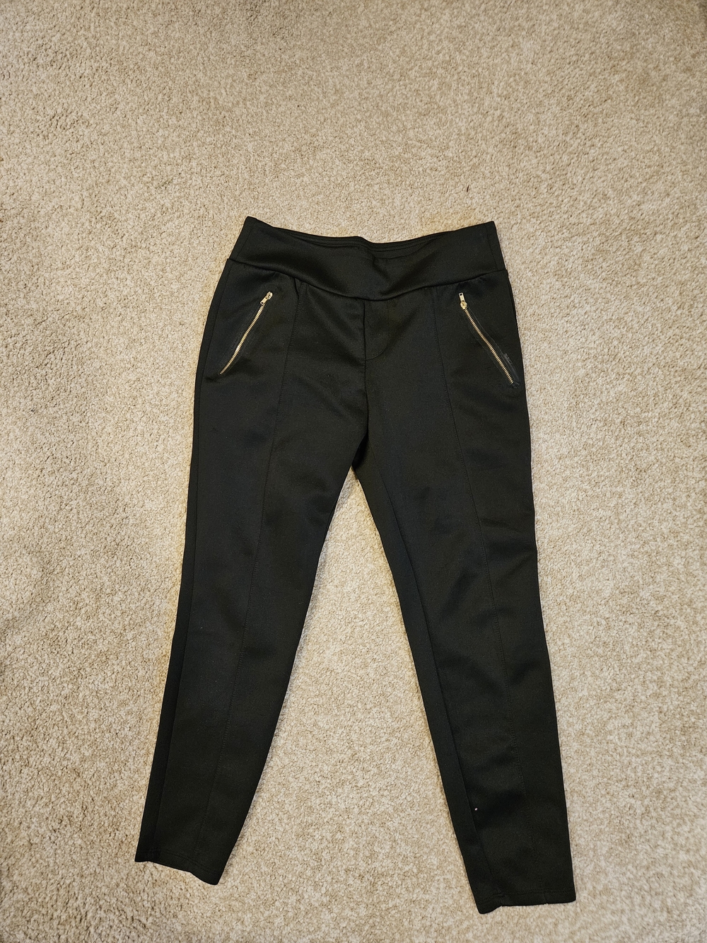 Fabletics Black Ponte Skinny Pants with Gold Zipper Detail